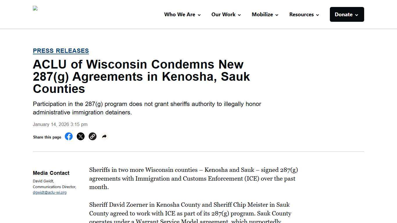 ACLU of Wisconsin Condemns New 287(g) Agreements in Kenosha, Sauk Counties - ACLU of Wisconsin
